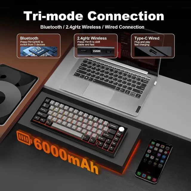 Alt view image 3 of 7 - YUNZII AL68 Wireless Mechanical Keyboard,Full Aluminum CNC,60% Layout with Knob, QMK/VIA Software,Gasket Mounted,Hot Swappable,RGB Backlit,BT/2.4G/USB-C for Mac/Win (Black, Cocoa Cream V2)