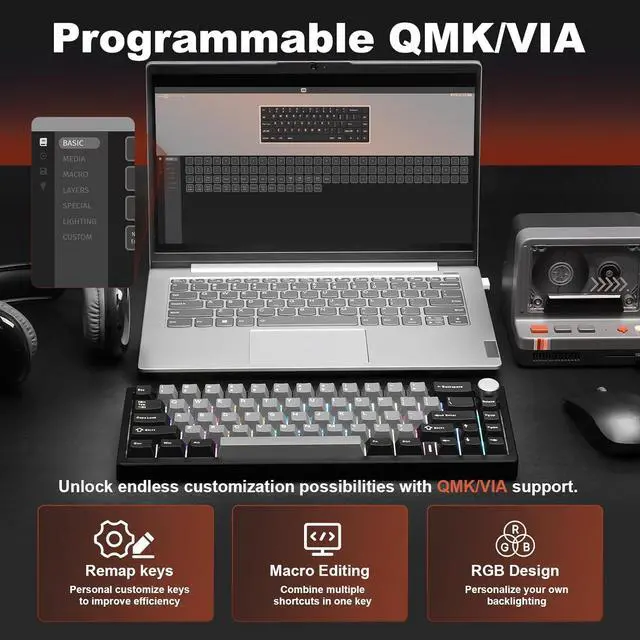 Alt view image 7 of 7 - YUNZII AL68 Wireless Mechanical Keyboard,Full Aluminum CNC,60% Layout with Knob, QMK/VIA Software,Gasket Mounted,Hot Swappable,RGB Backlit,BT/2.4G/USB-C for Mac/Win (Black, Cocoa Cream V2)