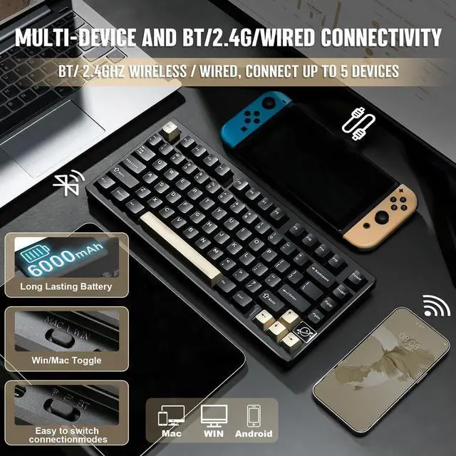 Alt view image 3 of 7 - YUNZII AL75 PRO 75% Wireless Mechanical Gaming Keyboard,Full Aluminum CNC,BT/2.4G/Wired,PBT Keycaps,Gasket Mounted Hot Swap,Custom RGB Backlight, Programmable for Mac/Win (Black, Cocoa Cream V2)