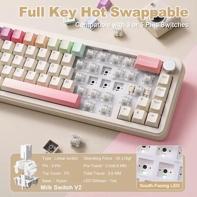 Alt view image 5 of 7 - YUNZII B68 Wireless Mechanical Keyboard,Tri-Mode BT5.0/2.4GHz/USB-C,Cute PBT Keycaps,Hot Swappable Creamy Typing Gasket Mounted,RGB Backlit NKRO for Win/Mac (Beige, Milk V2 Switch)