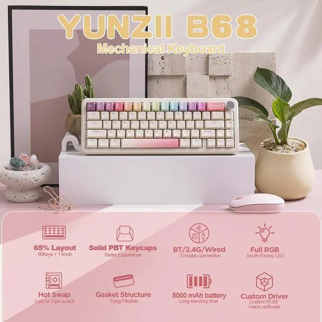 Alt view image 2 of 7 - YUNZII B68 Wireless Mechanical Keyboard,Tri-Mode BT5.0/2.4GHz/USB-C,Cute PBT Keycaps,Hot Swappable Creamy Typing Gasket Mounted,RGB Backlit NKRO for Win/Mac (Beige, Milk V2 Switch)