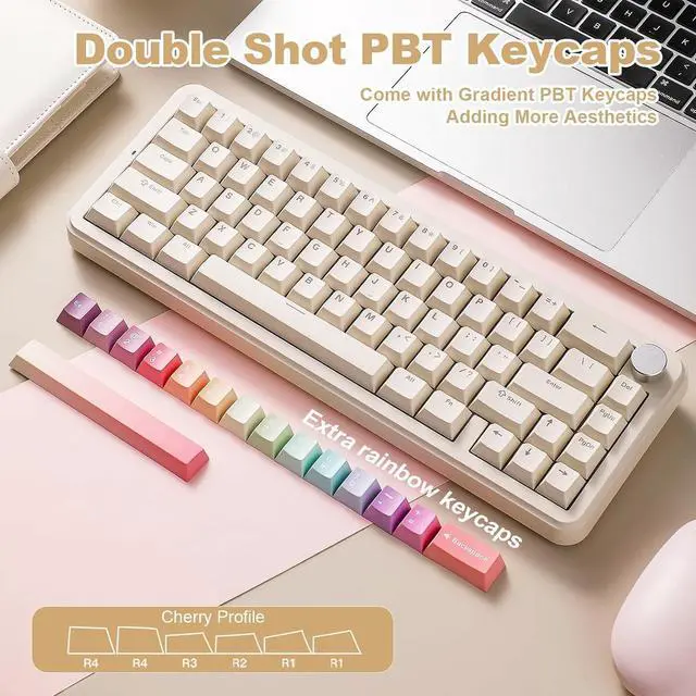 Alt view image 6 of 7 - YUNZII B68 Wireless Mechanical Keyboard,Tri-Mode BT5.0/2.4GHz/USB-C,Cute PBT Keycaps,Hot Swappable Creamy Typing Gasket Mounted,RGB Backlit NKRO for Win/Mac (Beige, Milk V2 Switch)