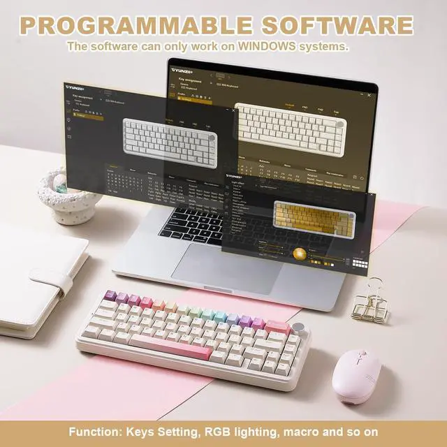 Alt view image 7 of 7 - YUNZII B68 Wireless Mechanical Keyboard,Tri-Mode BT5.0/2.4GHz/USB-C,Cute PBT Keycaps,Hot Swappable Creamy Typing Gasket Mounted,RGB Backlit NKRO for Win/Mac (Beige, Milk V2 Switch)