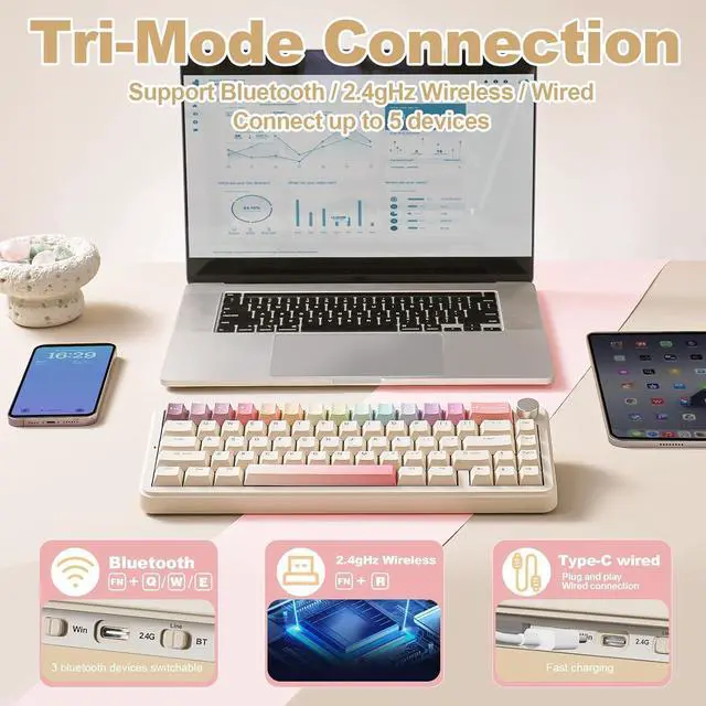 Alt view image 3 of 7 - YUNZII B68 Wireless Mechanical Keyboard,Tri-Mode BT5.0/2.4GHz/USB-C,Cute PBT Keycaps,Hot Swappable Creamy Typing Gasket Mounted,RGB Backlit NKRO for Win/Mac (Beige, Milk V2 Switch)
