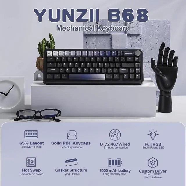 Alt view image 2 of 7 - YUNZII B68 Wireless Mechanical Keyboard,Tri-Mode BT5.0/2.4GHz/USB-C,Cute PBT Keycaps,Hot Swappable Creamy Typing Gasket Mounted,RGB Backlit NKRO for Win/Mac (Black, Milk V2 Switch)
