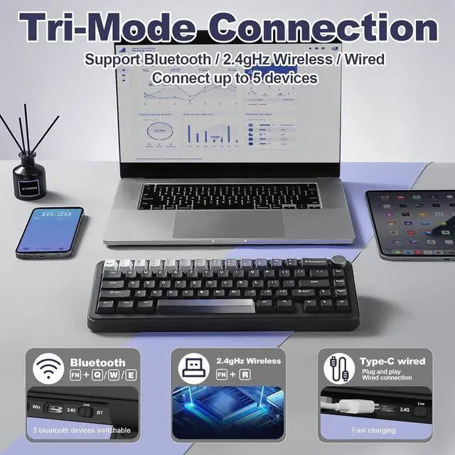 Alt view image 3 of 7 - YUNZII B68 Wireless Mechanical Keyboard,Tri-Mode BT5.0/2.4GHz/USB-C,Cute PBT Keycaps,Hot Swappable Creamy Typing Gasket Mounted,RGB Backlit NKRO for Win/Mac (Black, Milk V2 Switch)