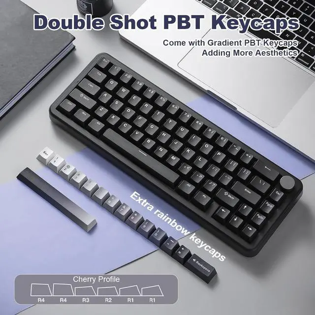 Alt view image 6 of 7 - YUNZII B68 Wireless Mechanical Keyboard,Tri-Mode BT5.0/2.4GHz/USB-C,Cute PBT Keycaps,Hot Swappable Creamy Typing Gasket Mounted,RGB Backlit NKRO for Win/Mac (Black, Milk V2 Switch)
