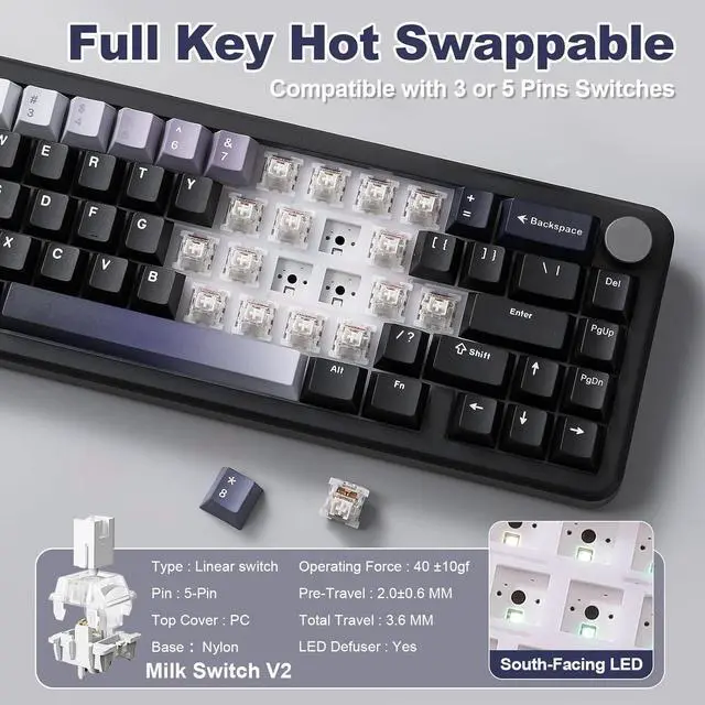 Alt view image 5 of 7 - YUNZII B68 Wireless Mechanical Keyboard,Tri-Mode BT5.0/2.4GHz/USB-C,Cute PBT Keycaps,Hot Swappable Creamy Typing Gasket Mounted,RGB Backlit NKRO for Win/Mac (Black, Milk V2 Switch)