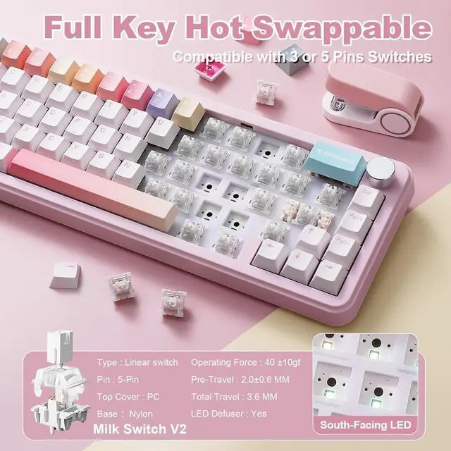 Alt view image 5 of 7 - YUNZII B68 Wireless Mechanical Keyboard,Tri-Mode BT5.0/2.4GHz/USB-C,Cute PBT Keycaps,Hot Swappable Creamy Typing Gasket Mounted,RGB Backlit NKRO for Win/Mac (Pink, Milk V2 Switch)