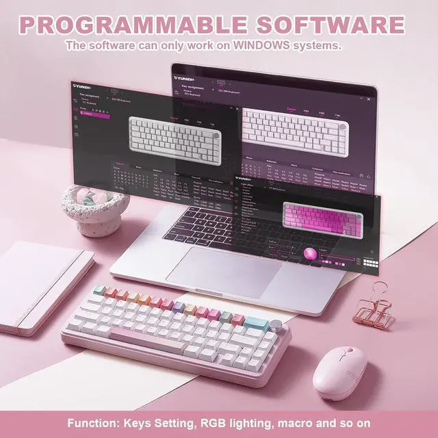Alt view image 7 of 7 - YUNZII B68 Wireless Mechanical Keyboard,Tri-Mode BT5.0/2.4GHz/USB-C,Cute PBT Keycaps,Hot Swappable Creamy Typing Gasket Mounted,RGB Backlit NKRO for Win/Mac (Pink, Milk V2 Switch)