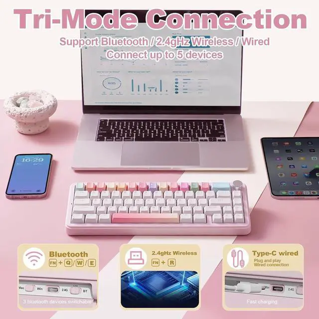 Alt view image 3 of 7 - YUNZII B68 Wireless Mechanical Keyboard,Tri-Mode BT5.0/2.4GHz/USB-C,Cute PBT Keycaps,Hot Swappable Creamy Typing Gasket Mounted,RGB Backlit NKRO for Win/Mac (Pink, Milk V2 Switch)