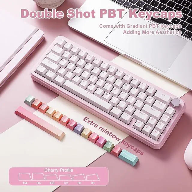 Alt view image 6 of 7 - YUNZII B68 Wireless Mechanical Keyboard,Tri-Mode BT5.0/2.4GHz/USB-C,Cute PBT Keycaps,Hot Swappable Creamy Typing Gasket Mounted,RGB Backlit NKRO for Win/Mac (Pink, Milk V2 Switch)