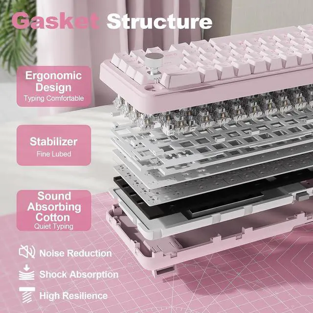 Alt view image 4 of 7 - YUNZII B68 Wireless Mechanical Keyboard,Tri-Mode BT5.0/2.4GHz/USB-C,Cute PBT Keycaps,Hot Swappable Creamy Typing Gasket Mounted,RGB Backlit NKRO for Win/Mac (Pink, Milk V2 Switch)