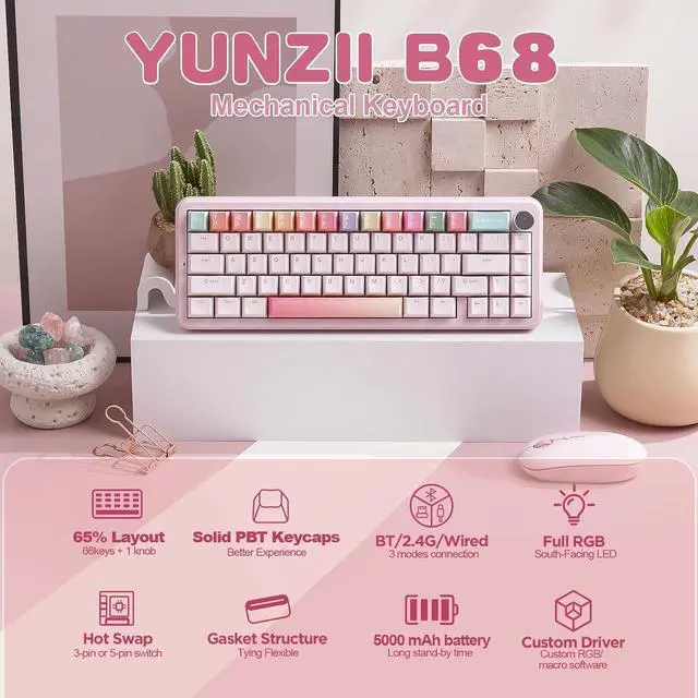 Alt view image 2 of 7 - YUNZII B68 Wireless Mechanical Keyboard,Tri-Mode BT5.0/2.4GHz/USB-C,Cute PBT Keycaps,Hot Swappable Creamy Typing Gasket Mounted,RGB Backlit NKRO for Win/Mac (Pink, Milk V2 Switch)