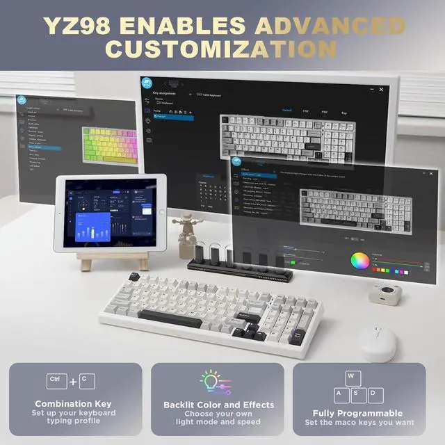 Alt view image 6 of 7 - YUNZII YZ98 Gasket Mechanical Keyboard,99 Key Hot Swappable BT5.0/2.4G/USB-C Wireless NKRO 98% 1800 Layout with RGB LED Backlit for Linux/Win/Mac(White, Cocoa Cream V2 Switch)