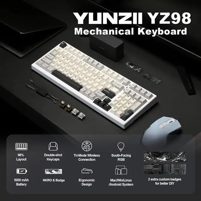 Alt view image 2 of 7 - YUNZII YZ98 Gasket Mechanical Keyboard,99 Key Hot Swappable BT5.0/2.4G/USB-C Wireless NKRO 98% 1800 Layout with RGB LED Backlit for Linux/Win/Mac(White, Cocoa Cream V2 Switch)