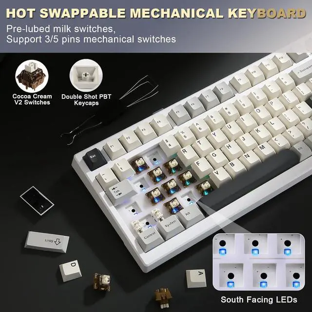 Alt view image 3 of 7 - YUNZII YZ98 Gasket Mechanical Keyboard,99 Key Hot Swappable BT5.0/2.4G/USB-C Wireless NKRO 98% 1800 Layout with RGB LED Backlit for Linux/Win/Mac(White, Cocoa Cream V2 Switch)