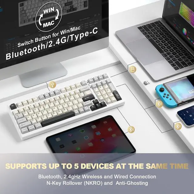 Alt view image 5 of 7 - YUNZII YZ98 Gasket Mechanical Keyboard,99 Key Hot Swappable BT5.0/2.4G/USB-C Wireless NKRO 98% 1800 Layout with RGB LED Backlit for Linux/Win/Mac(White, Cocoa Cream V2 Switch)