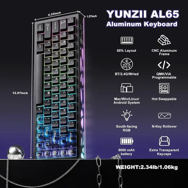 Alt view image 2 of 7 - YUNZII AL65 Wireless Mechanical Keyboard, Full Aluminum CNC,Support QMK/VIA Software Gasket Structure,60% Hot Swappable with RGB Backlit BT/2.4G/USB-C for Mac/Windows(Black, Milk V2)