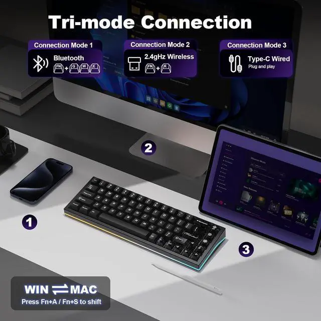 Alt view image 7 of 7 - YUNZII AL65 Wireless Mechanical Keyboard, Full Aluminum CNC,Support QMK/VIA Software Gasket Structure,60% Hot Swappable with RGB Backlit BT/2.4G/USB-C for Mac/Windows(Black, Milk V2)