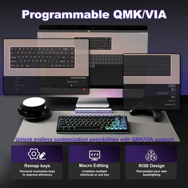 Alt view image 4 of 7 - YUNZII AL65 Wireless Mechanical Keyboard, Full Aluminum CNC,Support QMK/VIA Software Gasket Structure,60% Hot Swappable with RGB Backlit BT/2.4G/USB-C for Mac/Windows(Black, Milk V2)