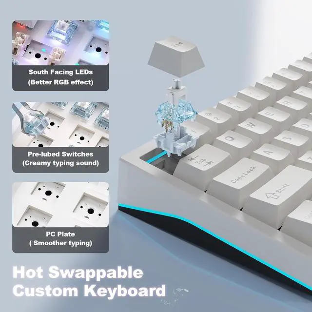 Alt view image 5 of 7 - YUNZII AL65 Wireless Mechanical Keyboard, Full Aluminum CNC,Support QMK/VIA Software Gasket Structure,60% Hot Swappable with RGB Backlit BT/2.4G/USB-C for Mac/Windows(White, Gateron Zero)
