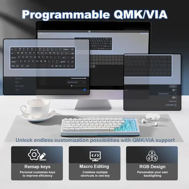 Alt view image 4 of 7 - YUNZII AL65 Wireless Mechanical Keyboard, Full Aluminum CNC,Support QMK/VIA Software Gasket Structure,60% Hot Swappable with RGB Backlit BT/2.4G/USB-C for Mac/Windows(White, Gateron Zero)