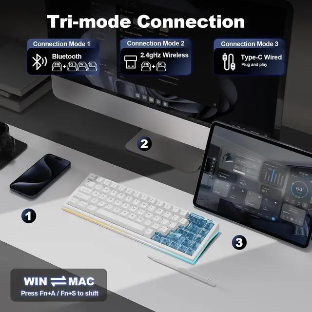 Alt view image 7 of 7 - YUNZII AL65 Wireless Mechanical Keyboard, Full Aluminum CNC,Support QMK/VIA Software Gasket Structure,60% Hot Swappable with RGB Backlit BT/2.4G/USB-C for Mac/Windows(White, Gateron Zero)