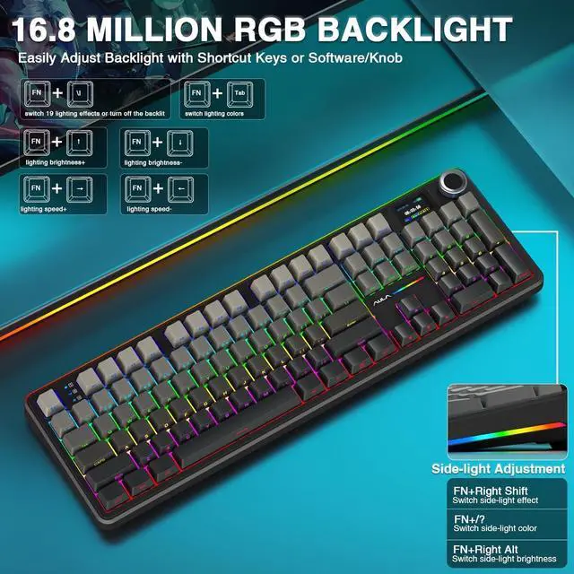 Alt view image 6 of 7 - AULA F108 PRO - Wireless Mechanical Keyboard with Screen & Knob,Full Size Keyboard with 8000mAh Battery,Pre-lubed Switches,Side Printed PBT Keycaps,RGB Backlit Hot Swappable Custom Gaming Keyboards