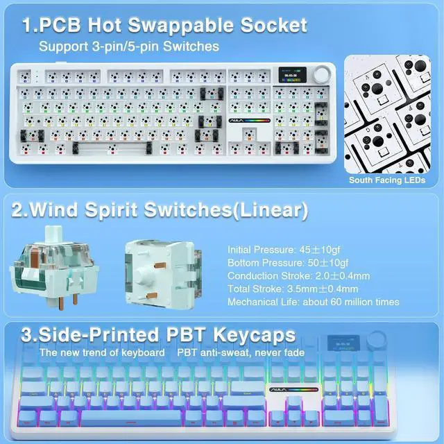 Alt view image 5 of 7 - AULA F108 PRO - Wireless Mechanical Keyboard with Screen&Knob,Hot Swappable Gaming Keyboard with 8000mAh Battery,Pre-lubed Switches,RGB Backlit,PBT Keycaps Creamy Sounding Computer Keyboards,104 Keys