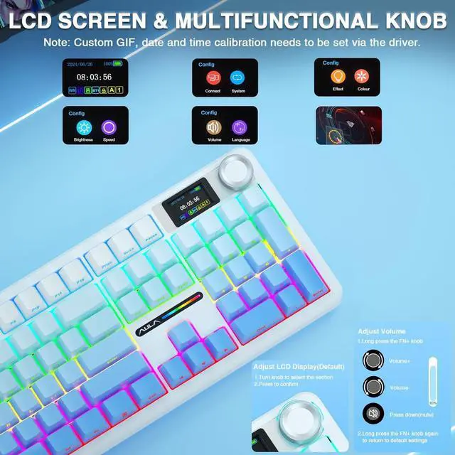 Alt view image 3 of 7 - AULA F108 PRO - Wireless Mechanical Keyboard with Screen&Knob,Hot Swappable Gaming Keyboard with 8000mAh Battery,Pre-lubed Switches,RGB Backlit,PBT Keycaps Creamy Sounding Computer Keyboards,104 Keys