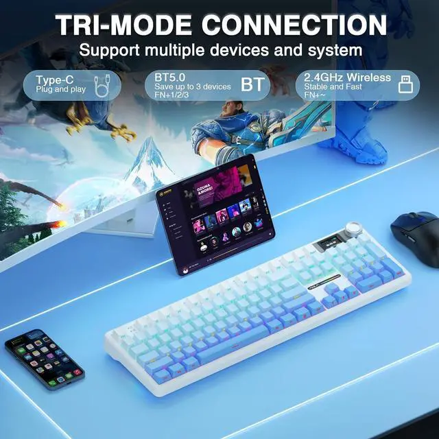 Alt view image 4 of 7 - AULA F108 PRO - Wireless Mechanical Keyboard with Screen&Knob,Hot Swappable Gaming Keyboard with 8000mAh Battery,Pre-lubed Switches,RGB Backlit,PBT Keycaps Creamy Sounding Computer Keyboards,104 Keys