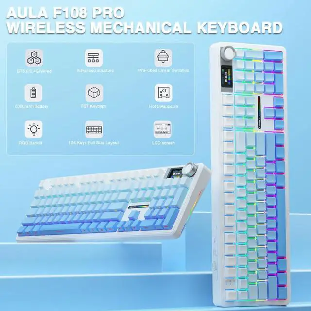 Alt view image 2 of 7 - AULA F108 PRO - Wireless Mechanical Keyboard with Screen&Knob,Hot Swappable Gaming Keyboard with 8000mAh Battery,Pre-lubed Switches,RGB Backlit,PBT Keycaps Creamy Sounding Computer Keyboards,104 Keys