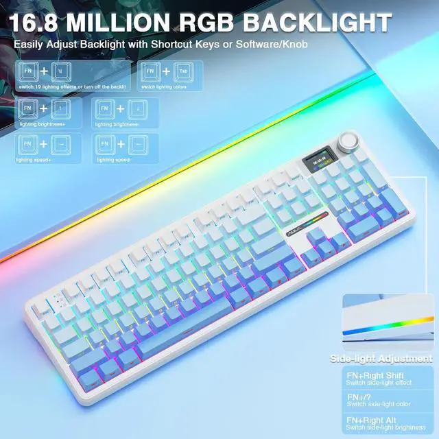 Alt view image 7 of 7 - AULA F108 PRO - Wireless Mechanical Keyboard with Screen&Knob,Hot Swappable Gaming Keyboard with 8000mAh Battery,Pre-lubed Switches,RGB Backlit,PBT Keycaps Creamy Sounding Computer Keyboards,104 Keys