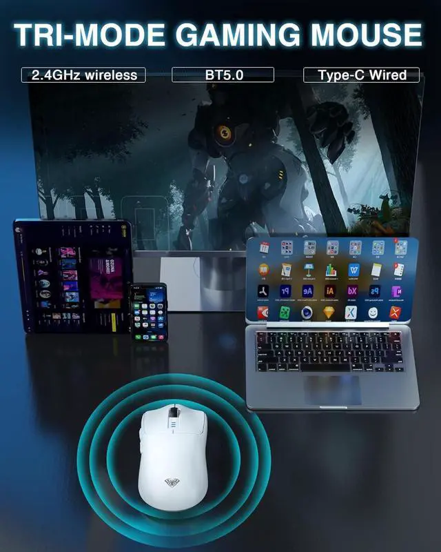Alt view image 3 of 7 - AULA SC580 Wireless Gaming Mouse, Tri-Mode 2.4G/BT5.0/USB-C Gaming Mouse, 12000 DPI Rechargeable Wireless Mouse with 6 Programmable Buttons, Ergonomic Computer Mouse for Laptop/PC/Mac/Tablet