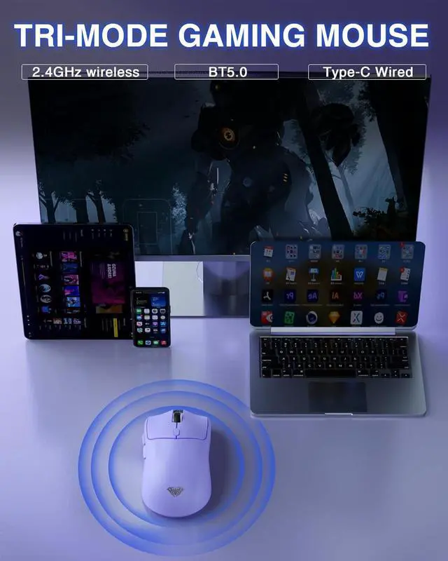 Alt view image 3 of 7 - AULA SC580X Wireless Gaming Mouse, Tri-Mode 2.4G/BT5.0/USB-C Gaming Mice with 12000 DPI, 6 Programmable Buttons, Rechargeable Computer Mouse for Laptop/PC/Mac/Tablet