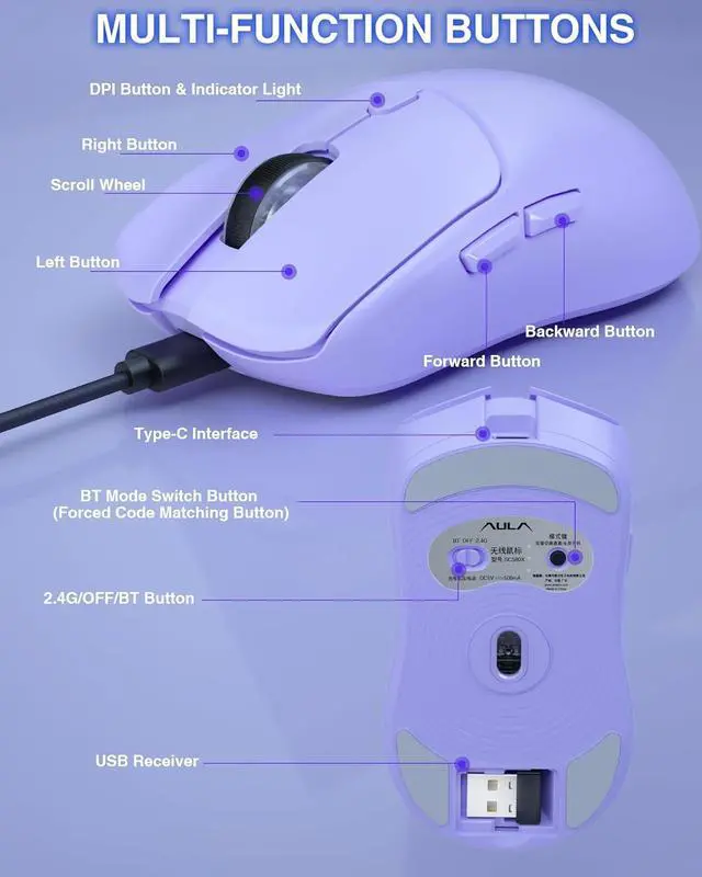 Alt view image 2 of 7 - AULA SC580X Wireless Gaming Mouse, Tri-Mode 2.4G/BT5.0/USB-C Gaming Mice with 12000 DPI, 6 Programmable Buttons, Rechargeable Computer Mouse for Laptop/PC/Mac/Tablet