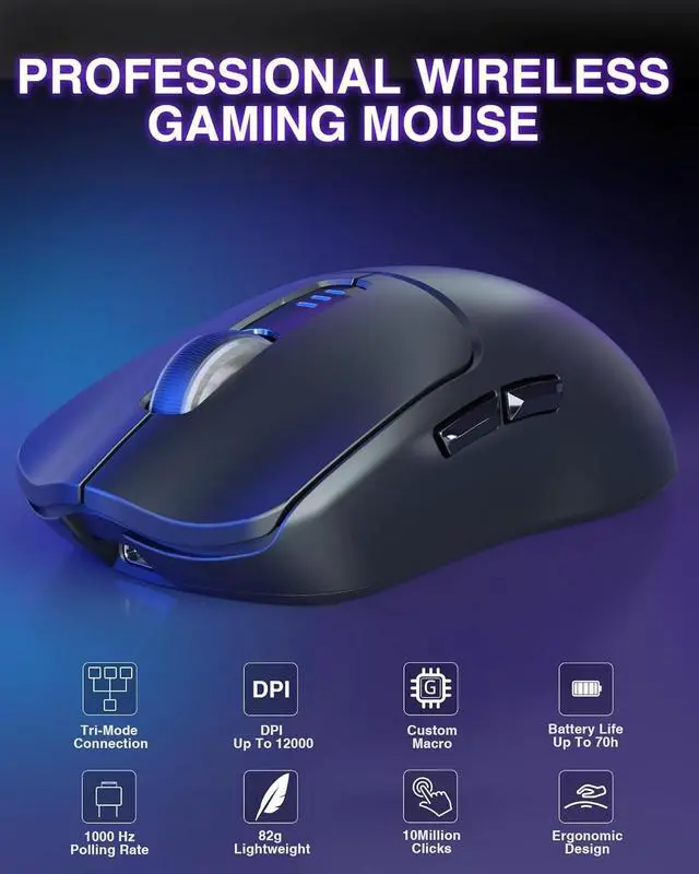 Alt view image 2 of 7 - AULA SC580 Wireless Gaming Mouse, Tri-Mode 2.4G/BT5.0/USB-C Gaming Mouse, 12000 DPI Rechargeable Wireless Mouse with 6 Programmable Buttons, Ergonomic Computer Mouse for Laptop/PC/Mac/Tablet
