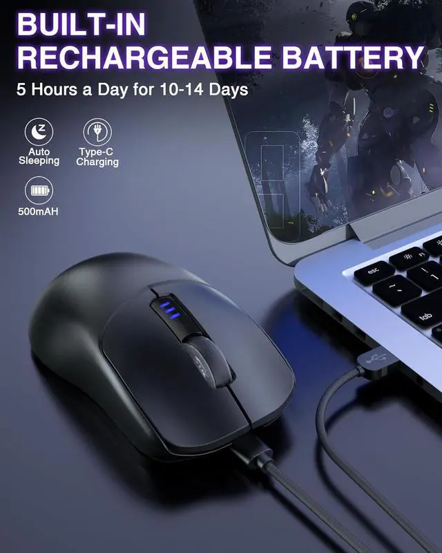 Alt view image 5 of 7 - AULA SC580 Wireless Gaming Mouse, Tri-Mode 2.4G/BT5.0/USB-C Gaming Mouse, 12000 DPI Rechargeable Wireless Mouse with 6 Programmable Buttons, Ergonomic Computer Mouse for Laptop/PC/Mac/Tablet