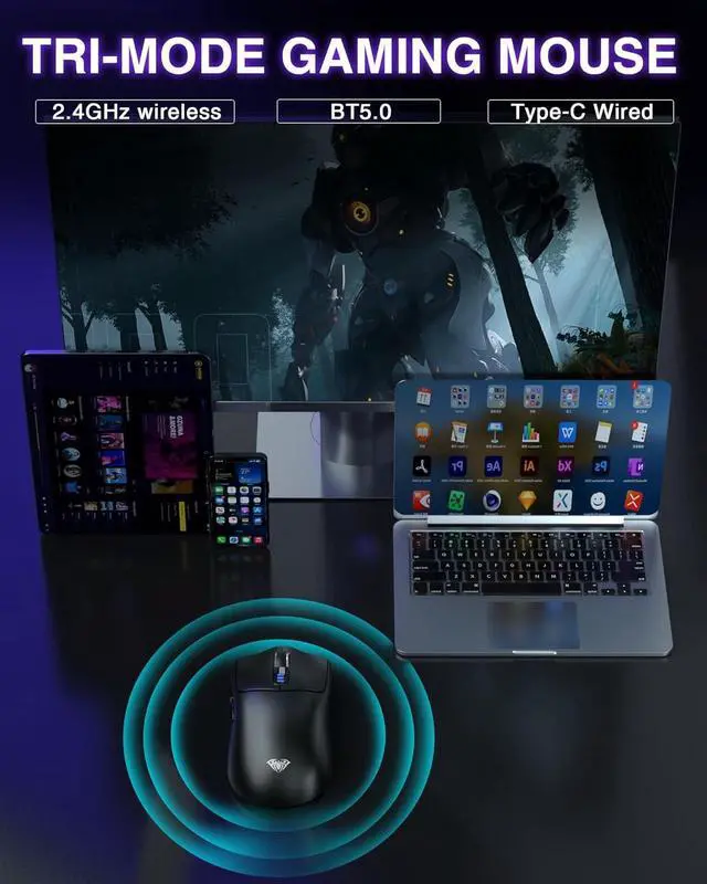 Alt view image 3 of 7 - AULA SC580 Wireless Gaming Mouse, Tri-Mode 2.4G/BT5.0/USB-C Gaming Mouse, 12000 DPI Rechargeable Wireless Mouse with 6 Programmable Buttons, Ergonomic Computer Mouse for Laptop/PC/Mac/Tablet