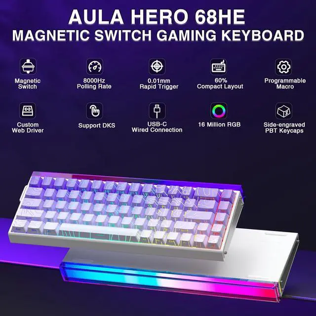 Alt view image 2 of 7 - AULA HERO 68 HE 60% Gaming Keyboard Wired, Hall Effect Magnetic Switch Keyboard with Adjustable Actuation, Rapid Trigger Mode, 8K Hz Polling Rate, 0.125ms Latency,Side Printed PBT Keycaps, Purple