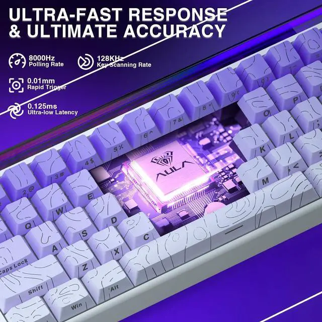 Alt view image 3 of 7 - AULA HERO 68 HE 60% Gaming Keyboard Wired, Hall Effect Magnetic Switch Keyboard with Adjustable Actuation, Rapid Trigger Mode, 8K Hz Polling Rate, 0.125ms Latency,Side Printed PBT Keycaps, Purple