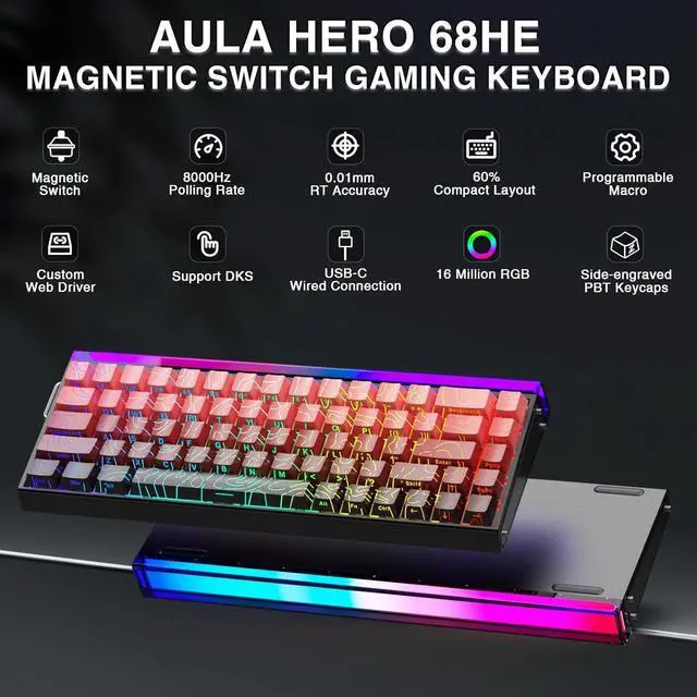 Alt view image 2 of 7 - AULA Hero 68 HE 60% Gaming Keyboard Wired, Hall Effect Magnetic Switch Keyboard with 8K Hz Polling Rate, Side Printed PBT Keycaps, RGB Neon Light Box, Customizable Web Software for PC/Mac Black&Red