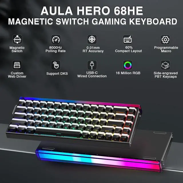Alt view image 2 of 7 - AULA Hero 68 HE 60% Gaming Keyboard Wired, Hall Effect Magnetic Switch Keyboard with 8K Hz Polling Rate, Side Printed PBT Keycaps, RGB Backlit Light Box, Customizable Web Software for PC/Mac  Black