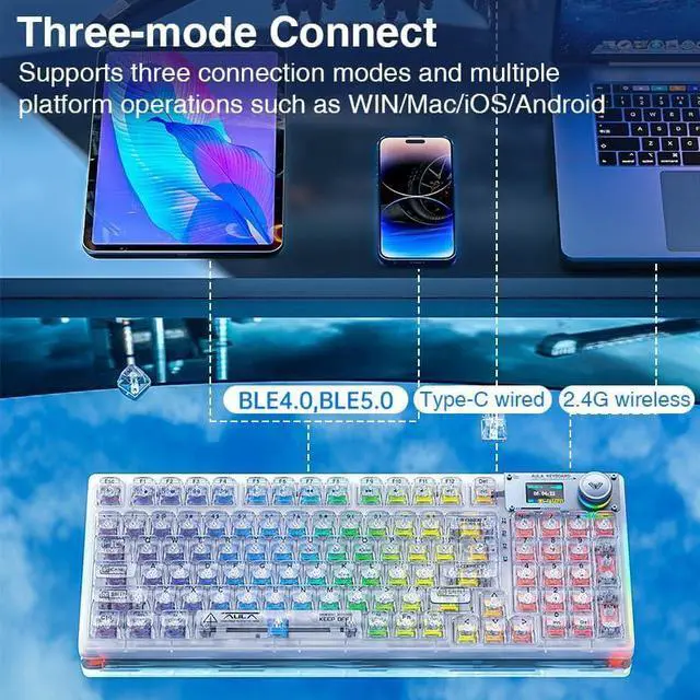 Alt view image 2 of 7 - AULA F98 Pro Wireless Mechanical Keyboard with Transparent Keycaps,Hot-swappable,Pre-lubed Linear Switches,Gasket Structure,RGB Backlit,OLED Screen,BT5.0/2.4G/USB-C Wired Computer Keyboard