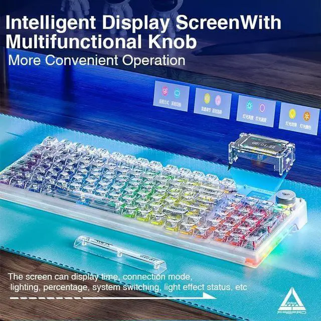 Alt view image 3 of 7 - AULA F98 Pro Wireless Mechanical Keyboard with Transparent Keycaps,Hot-swappable,Pre-lubed Linear Switches,Gasket Structure,RGB Backlit,OLED Screen,BT5.0/2.4G/USB-C Wired Computer Keyboard