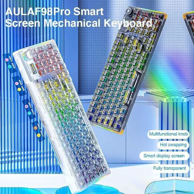 Alt view image 4 of 7 - AULA F98 Pro Wireless Mechanical Keyboard with Transparent Keycaps,Hot-swappable,Pre-lubed Linear Switches,Gasket Structure,RGB Backlit,OLED Screen,BT5.0/2.4G/USB-C Wired Computer Keyboard