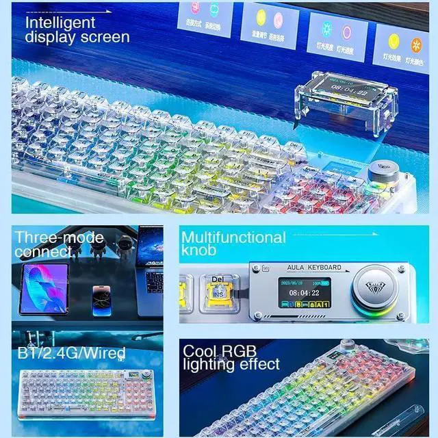Alt view image 5 of 7 - AULA F98 Pro Wireless Mechanical Keyboard with Transparent Keycaps,Hot-swappable,Pre-lubed Linear Switches,Gasket Structure,RGB Backlit,OLED Screen,BT5.0/2.4G/USB-C Wired Computer Keyboard