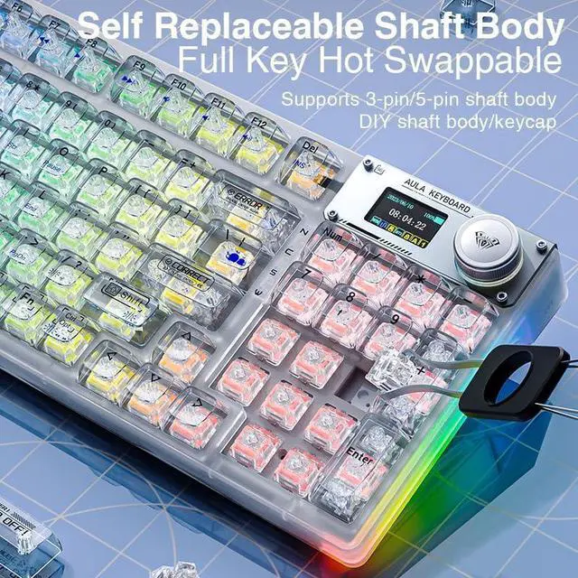 Alt view image 6 of 7 - AULA F98 Pro Wireless Mechanical Keyboard with Transparent Keycaps,Hot-swappable,Pre-lubed Linear Switches,Gasket Structure,RGB Backlit,OLED Screen,BT5.0/2.4G/USB-C Wired Computer Keyboard