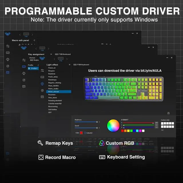 Alt view image 7 of 7 - AULA F108 Wireless Mechanical Keyboard, Full Size Gaming Keyboard with Number Pad, Side Printed PBT Keycaps, Pre-lubed Switches, RGB Backlit, Hot Swappable Creamy Sounding Computer Keyboards, 108 keys